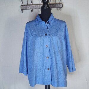 Karen Scott Sport Blue Vintage Burnout Tropical Cotton Poly Button Down Top 1X